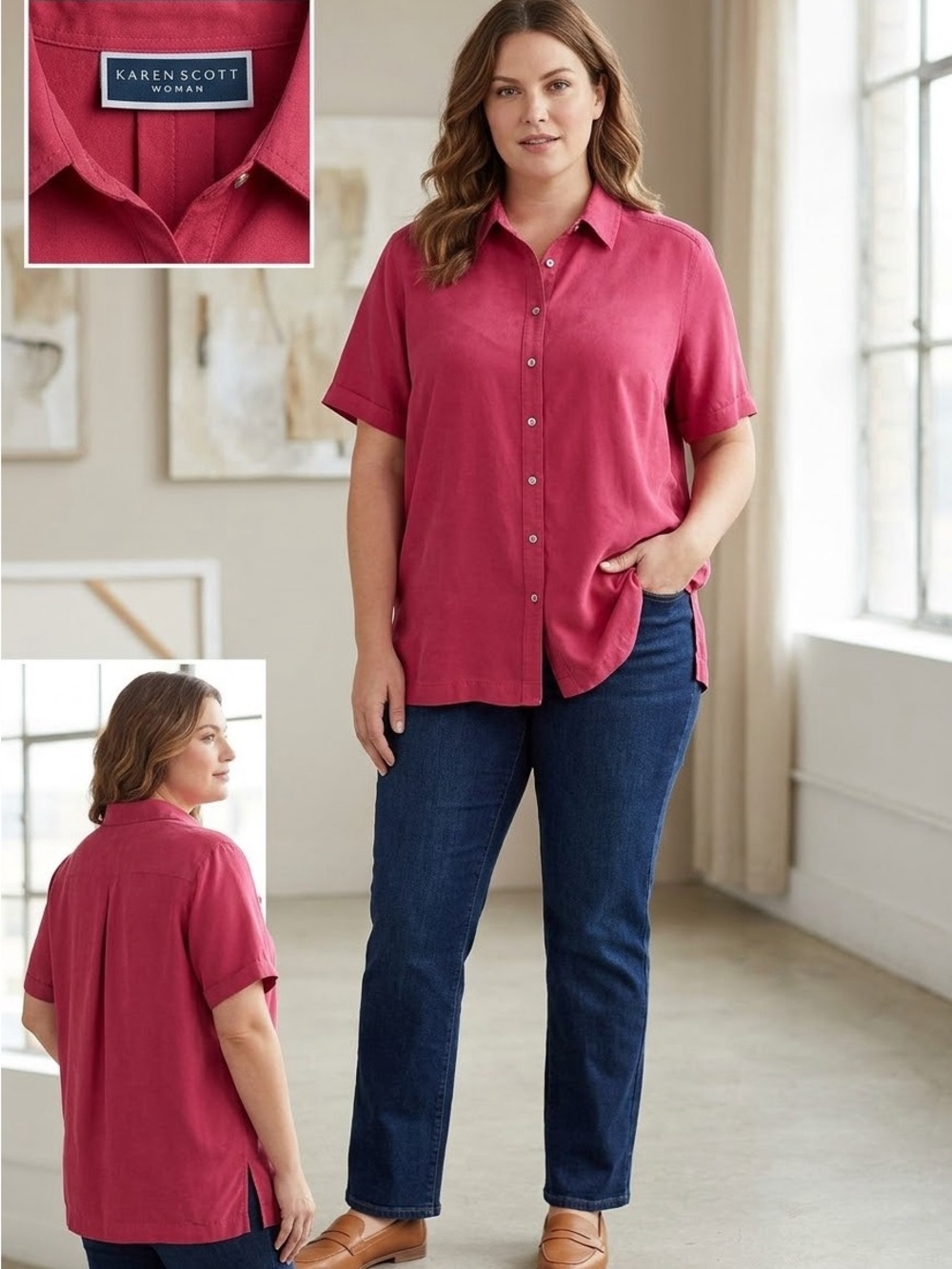 Karen Scott Woman Short-Sleeve Button-Front Shirt in Raspberry Pink